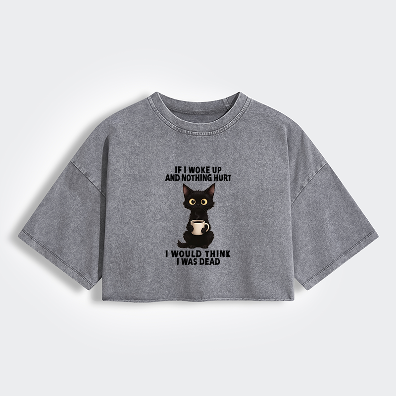 Tokyo-Tiger Funny Cute Black Cat And Coffee Meme Women's Washed Crop T-Shirt