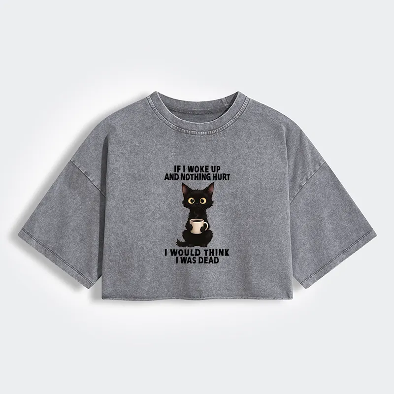 Tokyo-Tiger Funny Cute Black Cat And Coffee Meme Women's Washed Crop T-Shirt