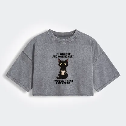 Tokyo-Tiger Funny Cute Black Cat And Coffee Meme Women's Washed Crop T-Shirt
