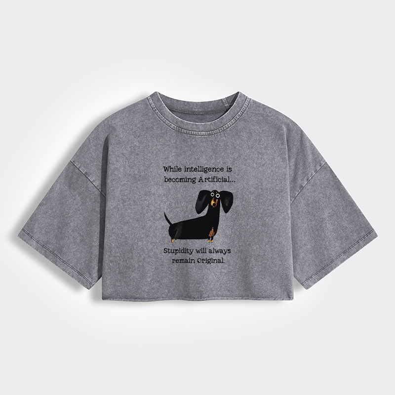Tokyo-Tiger Dachshund Real Humor Funny Meme Women's Washed Crop T-Shirt