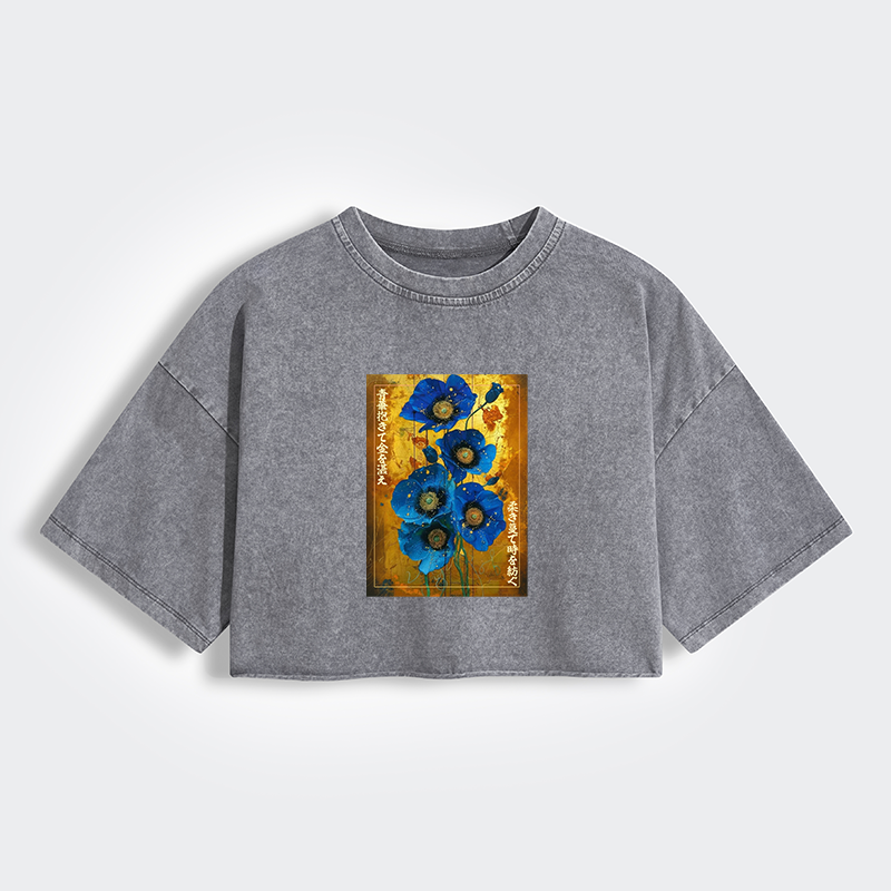 Tokyo-Tiger Shiny Blue Flower Warm Golden Background Women's Washed Crop T-Shirt