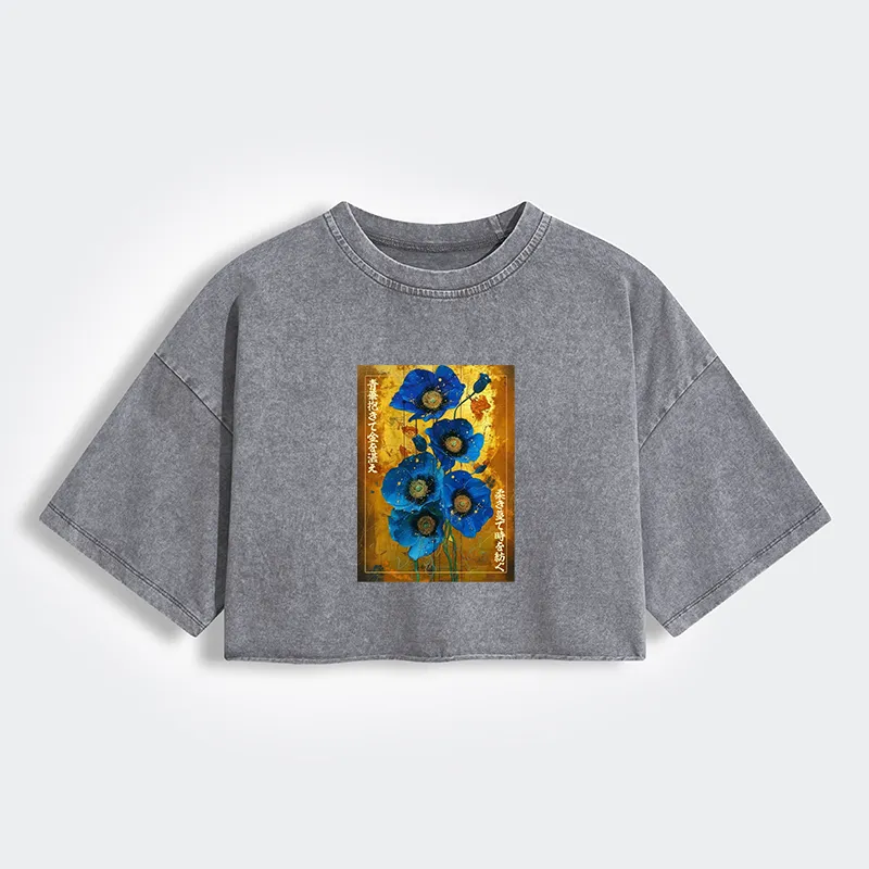 Tokyo-Tiger Shiny Blue Flower Warm Golden Background Women's Washed Crop T-Shirt Sale