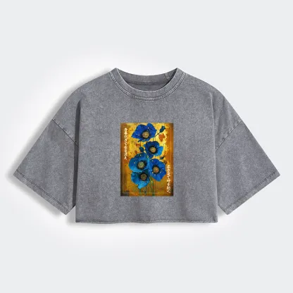 Tokyo-Tiger Shiny Blue Flower Warm Golden Background Women's Washed Crop T-Shirt