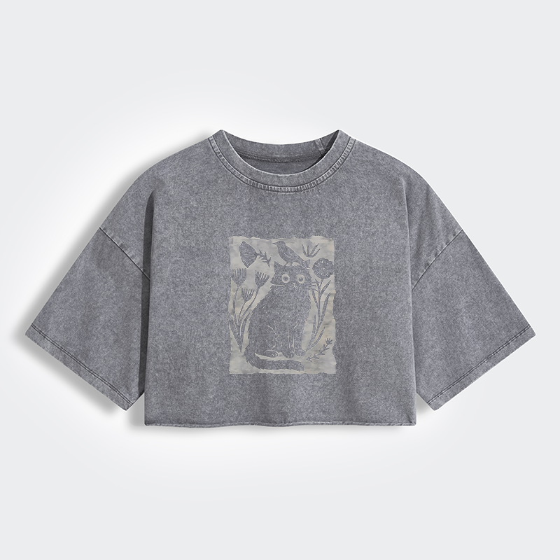 Tokyo-Tiger Folk Paper Cut Cat Bird Floral Art Women's Washed Crop T-Shirt