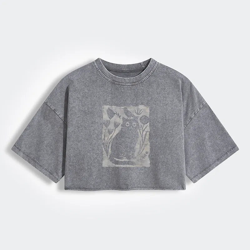 Tokyo-Tiger Folk Paper Cut Cat Bird Floral Art Women's Washed Crop T-Shirt