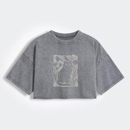Tokyo-Tiger Folk Paper Cut Cat Bird Floral Art Women's Washed Crop T-Shirt