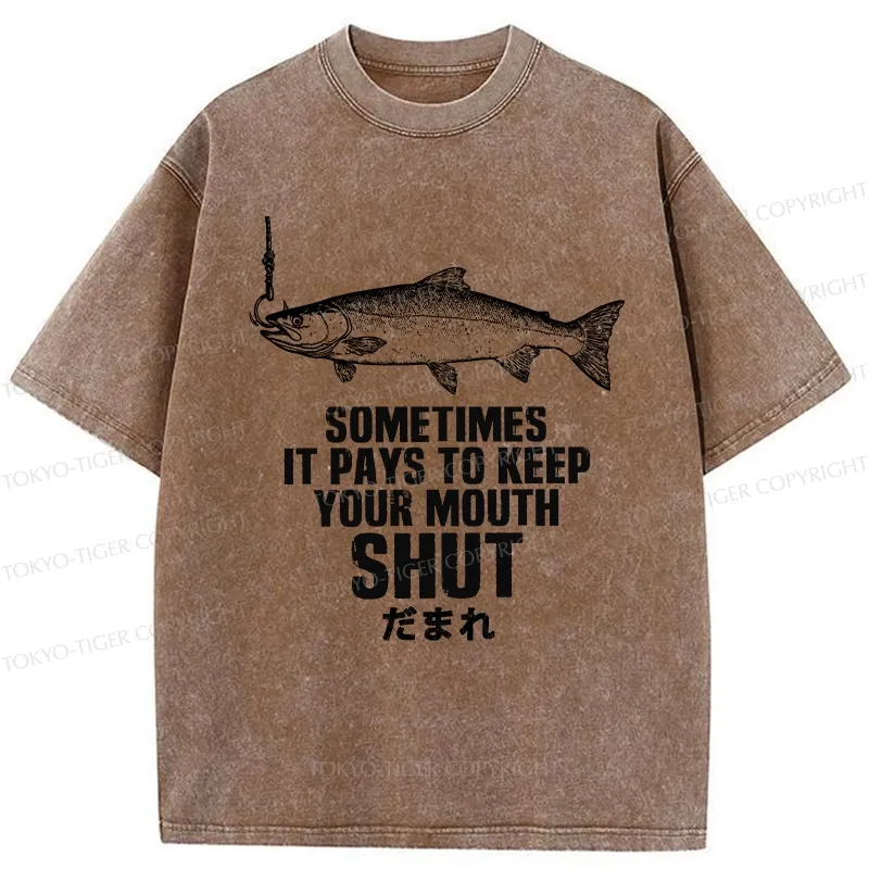 Tokyo-Tiger Funny Fish Shut Up Washed T-Shirt