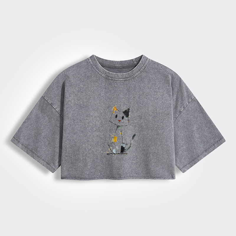 Tokyo-Tiger Minimal Splash Ink Cute Cat Women's Washed Crop T-Shirt