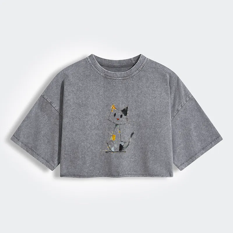 Tokyo-Tiger Minimal Splash Ink Cute Cat Women's Washed Crop T-Shirt