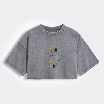 Tokyo-Tiger Minimal Splash Ink Cute Cat Women's Washed Crop T-Shirt