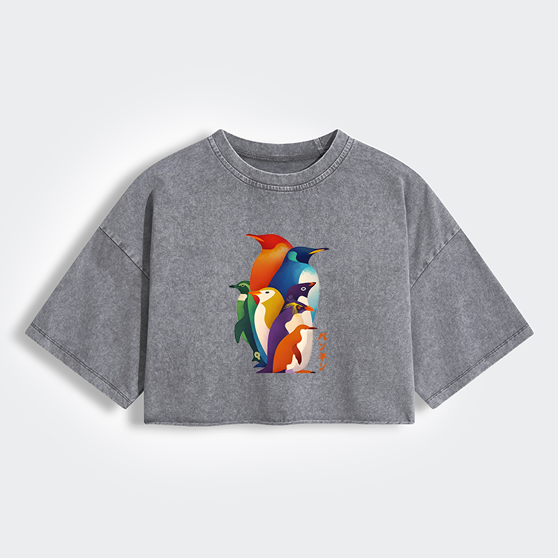 Tokyo-Tiger Cute Multi Tone Penguins Women's Washed Crop T-Shirt