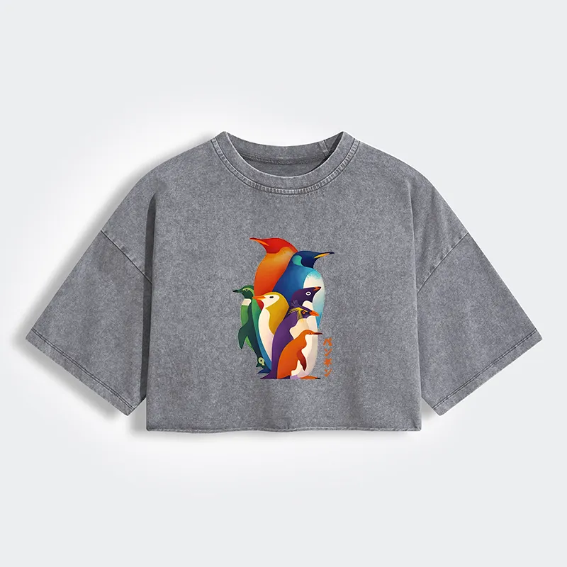 Tokyo-Tiger Cute Multi Tone Penguins Women's Washed Crop T-Shirt Sale