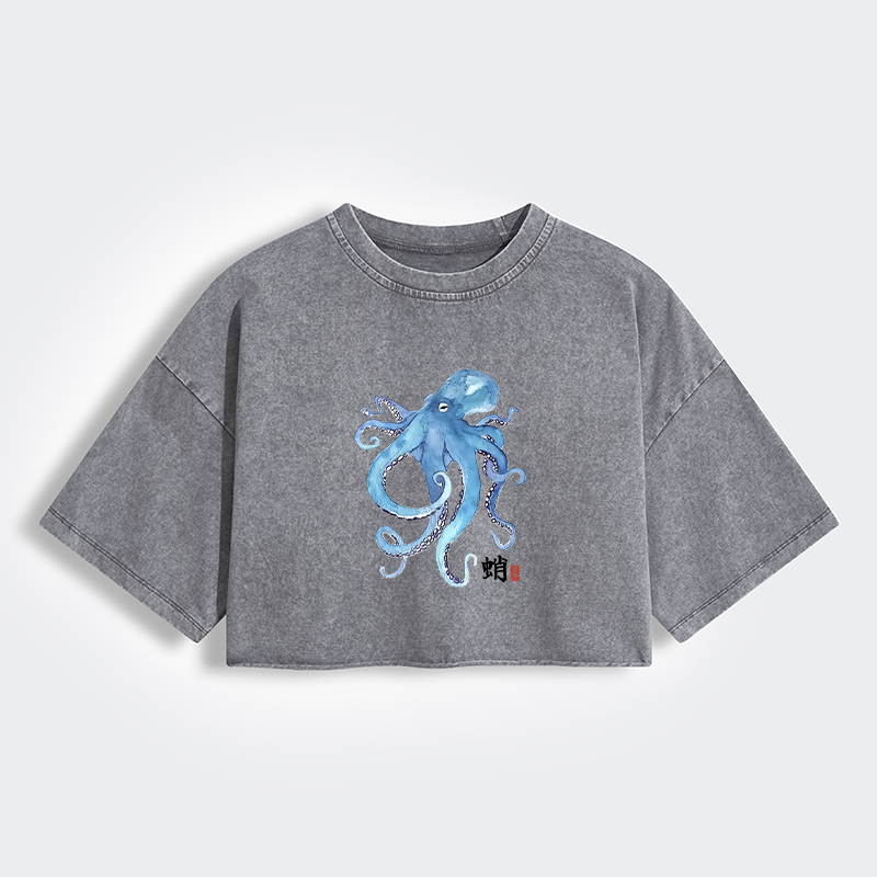Tokyo-Tiger Watercolor Blue Octopus Women's Washed Crop T-Shirt