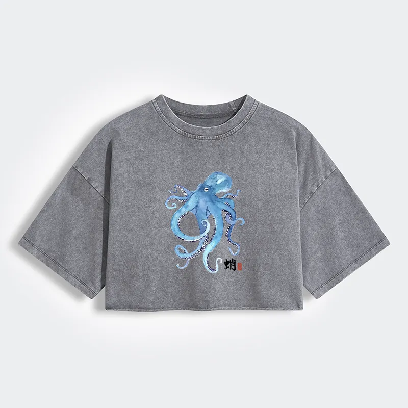 Tokyo-Tiger Watercolor Blue Octopus Women's Washed Crop T-Shirt