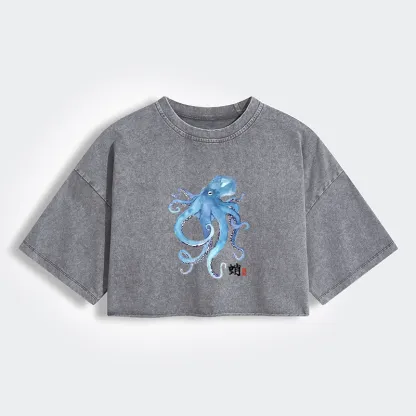Tokyo-Tiger Watercolor Blue Octopus Women's Washed Crop T-Shirt