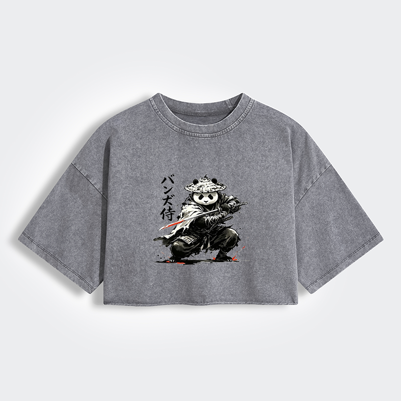 Tokyo-Tiger Panda Samurai Warrior Women's Washed Crop T-Shirt