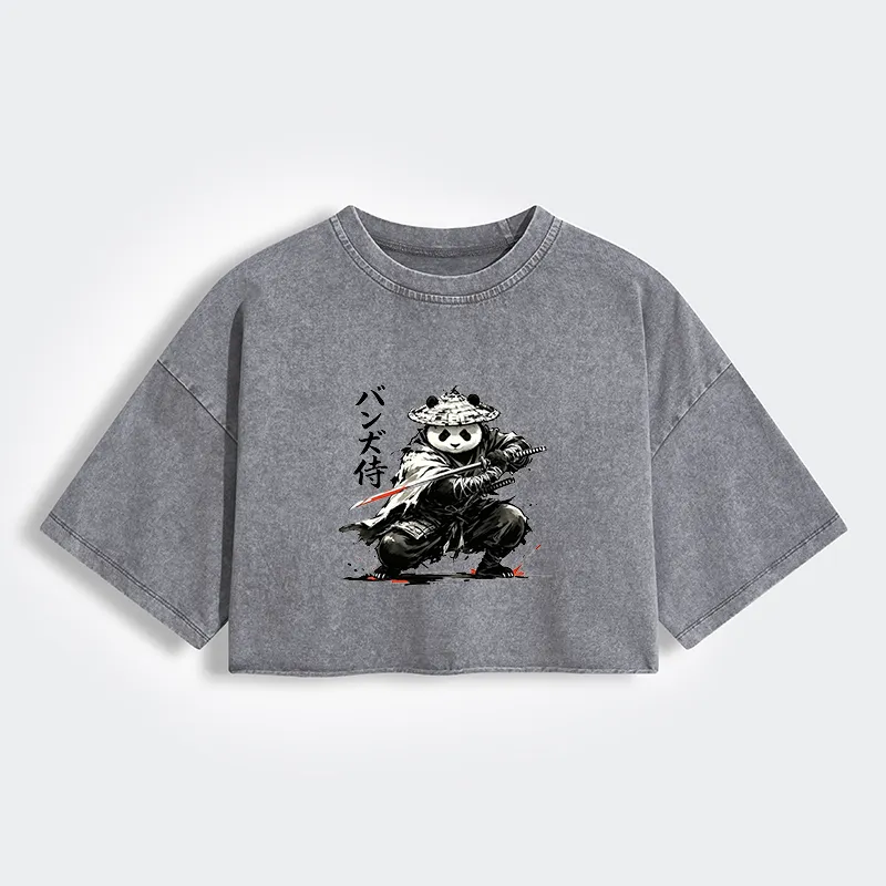 Tokyo-Tiger Panda Samurai Warrior Women's Washed Crop T-Shirt