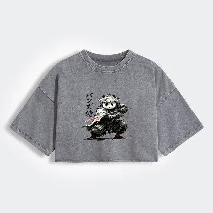 Tokyo-Tiger Panda Samurai Warrior Women's Washed Crop T-Shirt