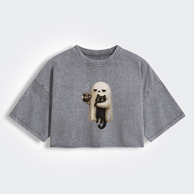 Tokyo-Tiger Ghost Cat Coffee Mood Women's Washed Crop T-Shirt