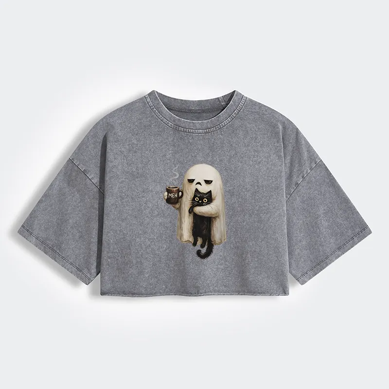 Tokyo-Tiger Ghost Cat Coffee Mood Women's Washed Crop T-Shirt Sale