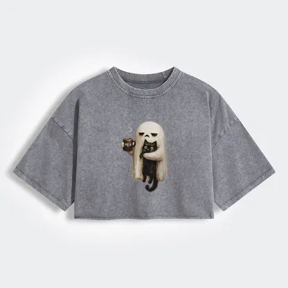 Tokyo-Tiger Ghost Cat Coffee Mood Women's Washed Crop T-Shirt