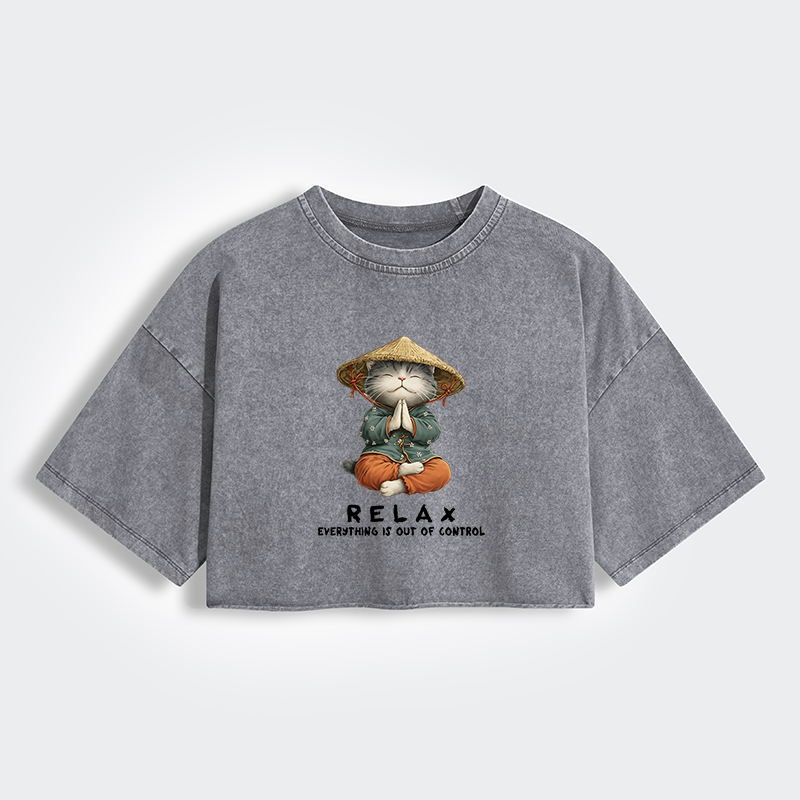 Tokyo-Tiger Zen Relax Cat Graphic Women's Washed Crop T-Shirt