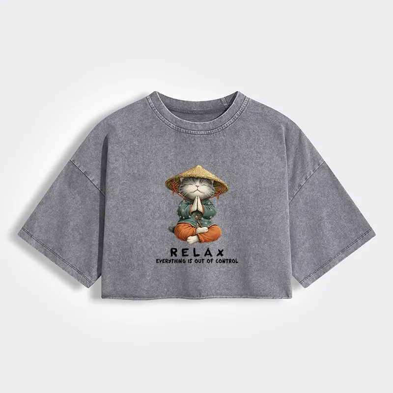 Tokyo-Tiger Zen Relax Cat Graphic Women's Washed Crop T-Shirt