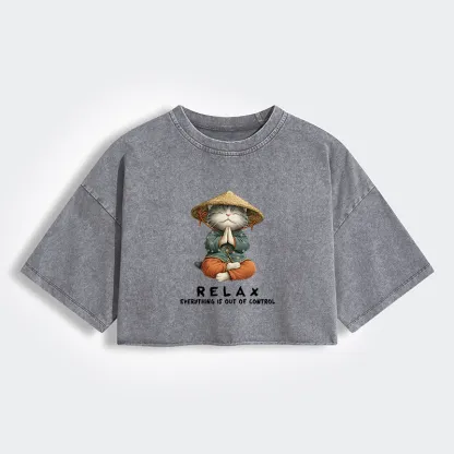 Tokyo-Tiger Zen Relax Cat Graphic Women's Washed Crop T-Shirt
