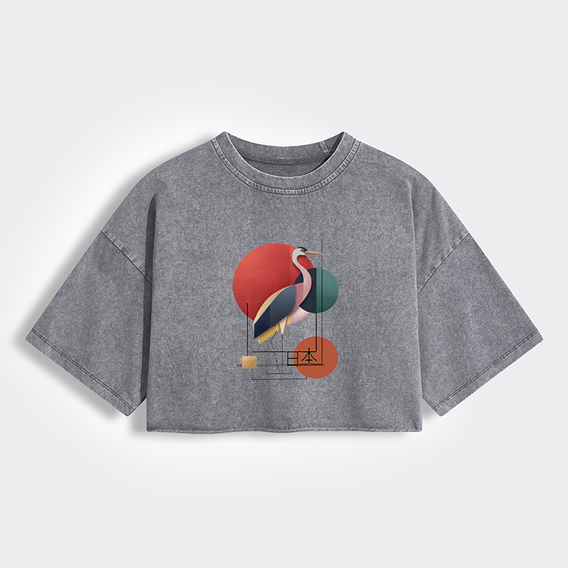 Tokyo-Tiger Geometric Crane Art Women's Washed Crop T-Shirt