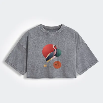 Tokyo-Tiger Geometric Crane Art Women's Washed Crop T-Shirt