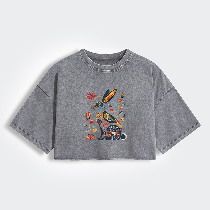 Tokyo-Tiger Folk Hare Bloom Women's Washed Crop T-Shirt