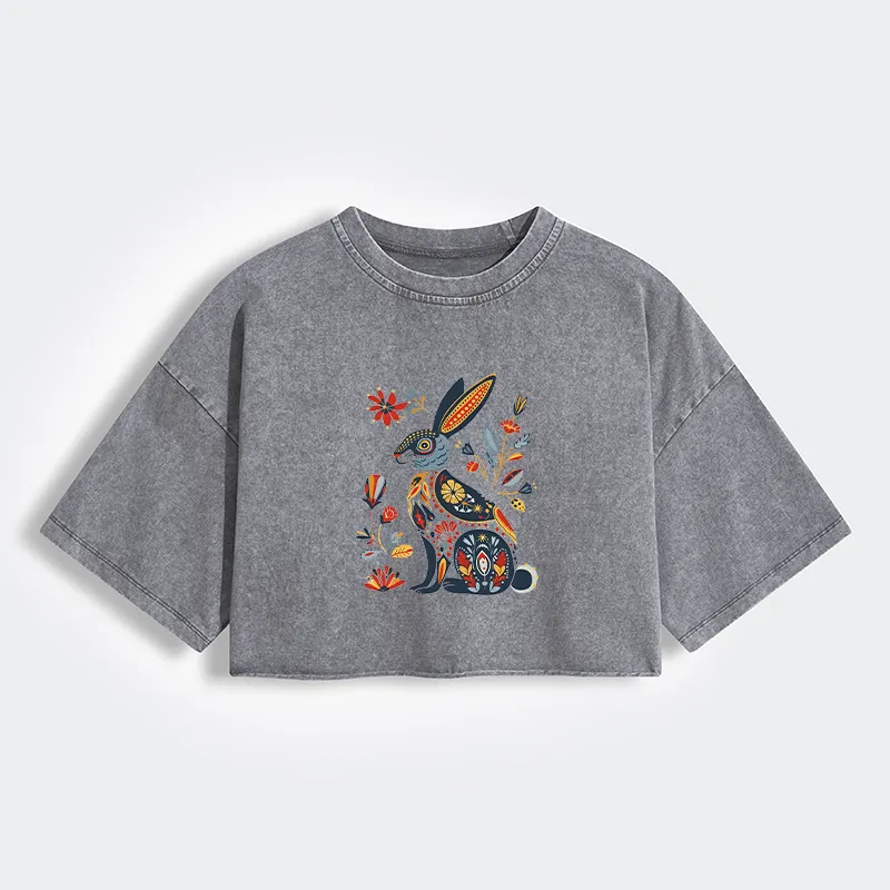 Tokyo-Tiger Folk Hare Bloom Women's Washed Crop T-Shirt Sale