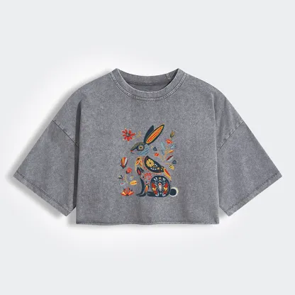 Tokyo-Tiger Folk Hare Bloom Women's Washed Crop T-Shirt