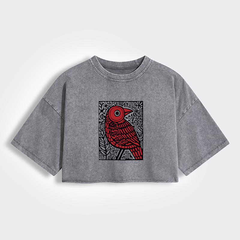 Tokyo-Tiger Retro Woodblock Bird Women's Washed Crop T-Shirt