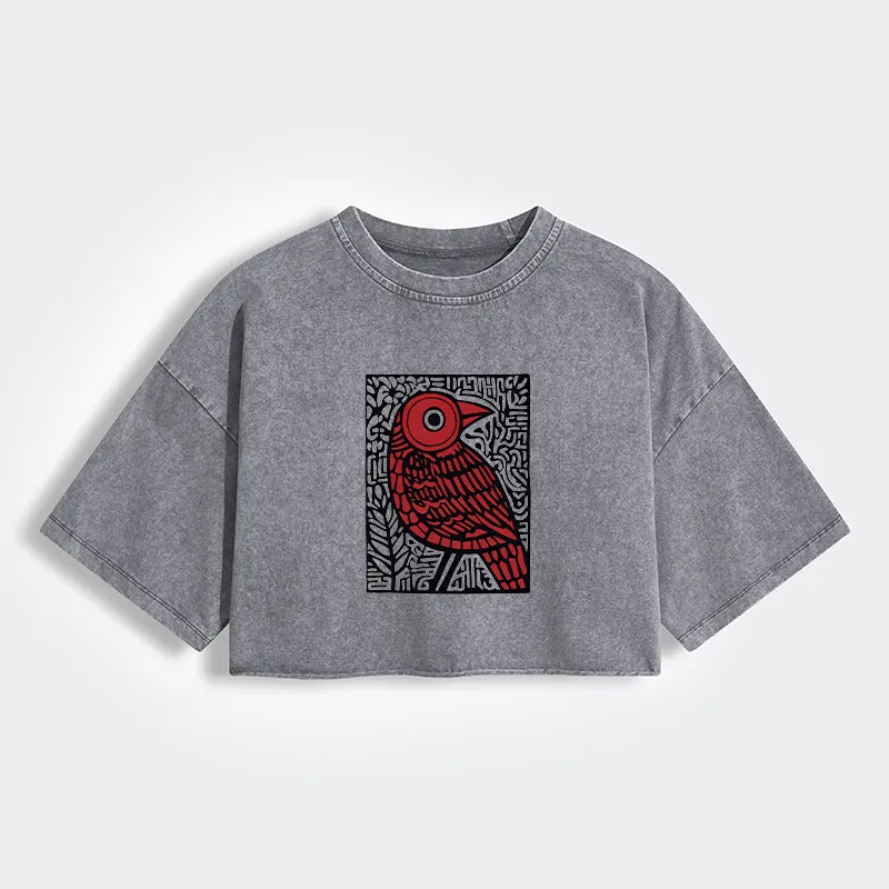 Tokyo-Tiger Retro Woodblock Bird Women's Washed Crop T-Shirt Sale