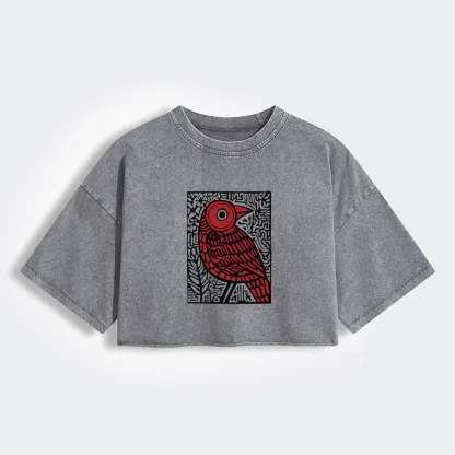 Tokyo-Tiger Retro Woodblock Bird Women's Washed Crop T-Shirt