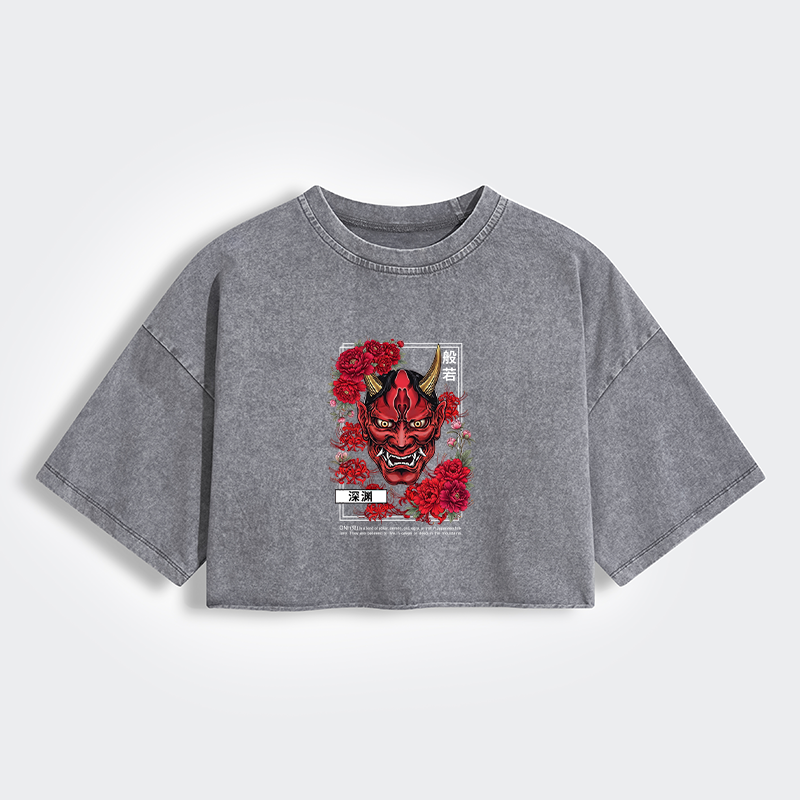 Tokyo-Tiger Cool Oni Floral Art Women's Washed Crop T-Shirt