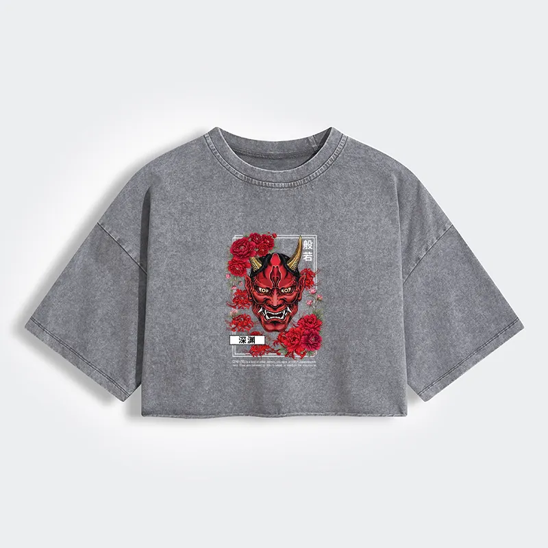 Tokyo-Tiger Cool Oni Floral Art Women's Washed Crop T-Shirt