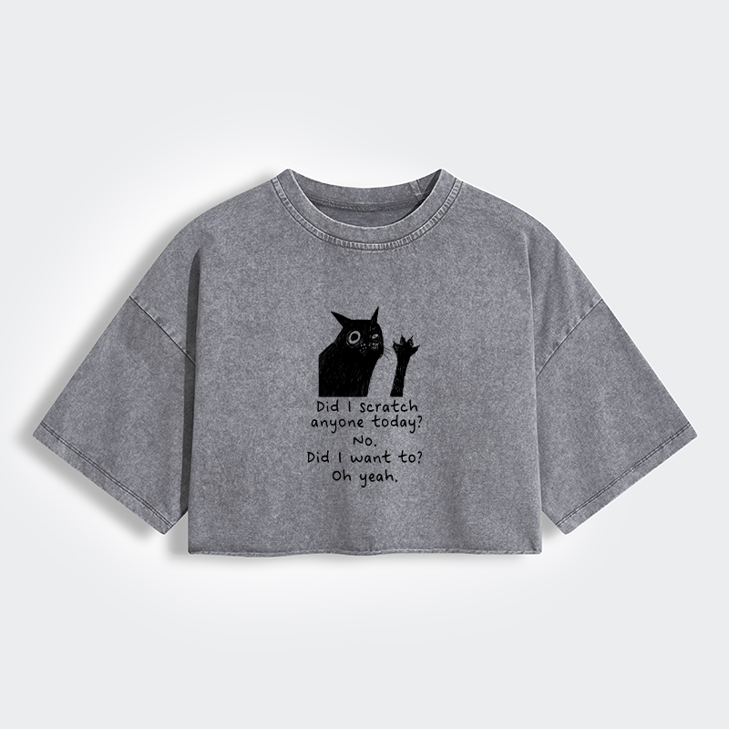 Tokyo-Tiger Black Cat Scratches People Women's Washed Crop T-Shirt