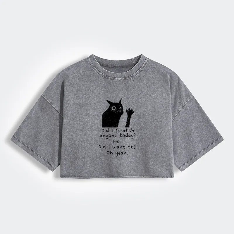 Tokyo-Tiger Black Cat Scratches People Women's Washed Crop T-Shirt