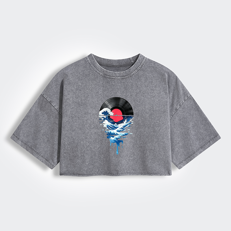 Tokyo-Tiger Vinyl Records And Waves Women's Washed Crop T-Shirt