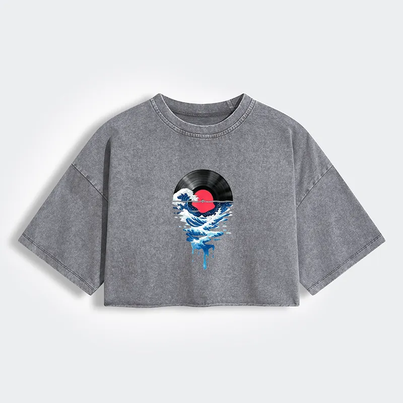 Tokyo-Tiger Vinyl Records And Waves Women's Washed Crop T-Shirt
