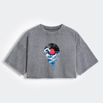 Tokyo-Tiger Vinyl Records And Waves Women's Washed Crop T-Shirt
