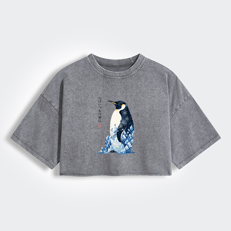 Tokyo-Tiger Keep Calm Penguin Women's Washed Crop T-Shirt
