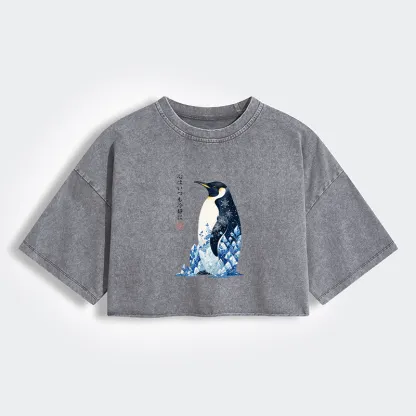 Tokyo-Tiger Keep Calm Penguin Women's Washed Crop T-Shirt