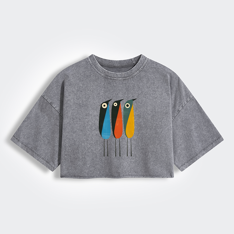 Tokyo-Tiger Bold Shape Birds Women's Washed Crop T-Shirt