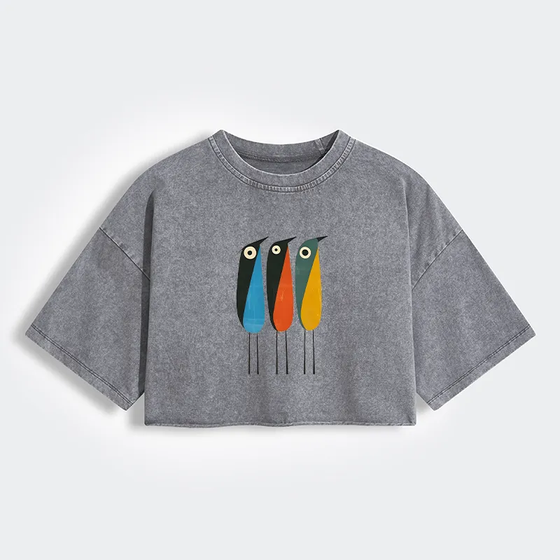 Tokyo-Tiger Bold Shape Birds Women's Washed Crop T-Shirt Sale
