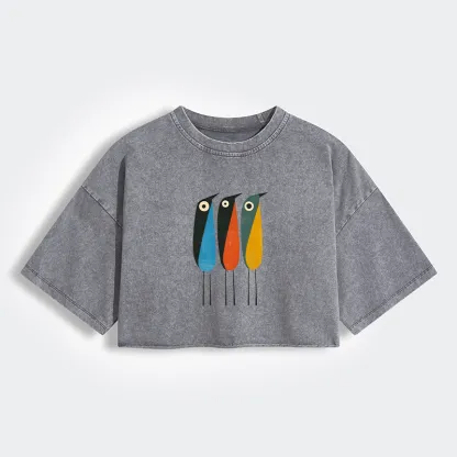 Tokyo-Tiger Bold Shape Birds Women's Washed Crop T-Shirt