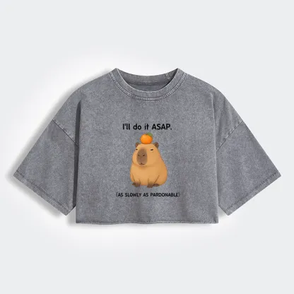 Tokyo-Tiger Slow Task Capybara Meme Women's Washed Crop T-Shirt