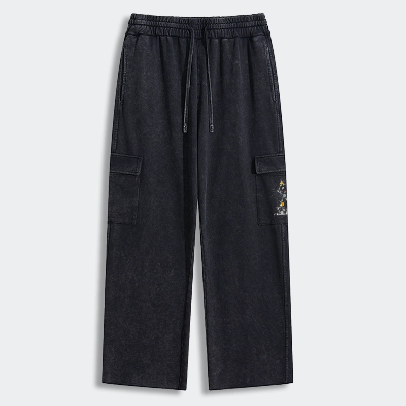 Tokyo-Tiger Minimal Splash Ink Cute Cat Washed Utility Sweatpants